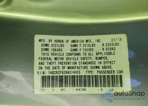 2017 Honda Accord Ex-L from USA, damaged, VIN 1HGCR2F82HA014405